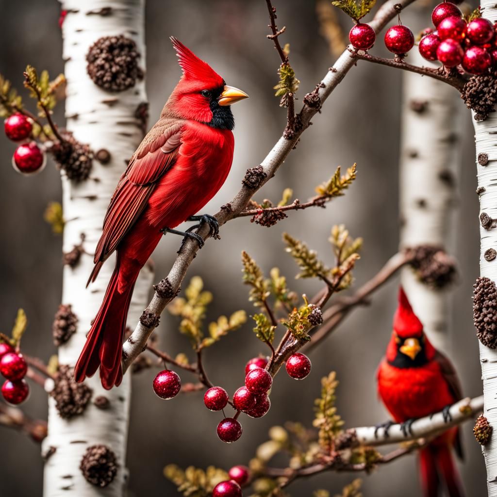 cardinals among birch trees - AI Generated Artwork - NightCafe Creator