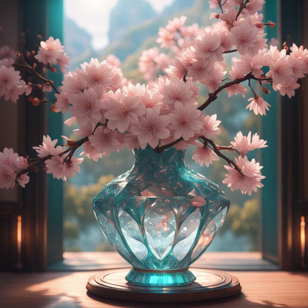 A clear diamond vase with light pink cherry blossoms in it  by @CR_7