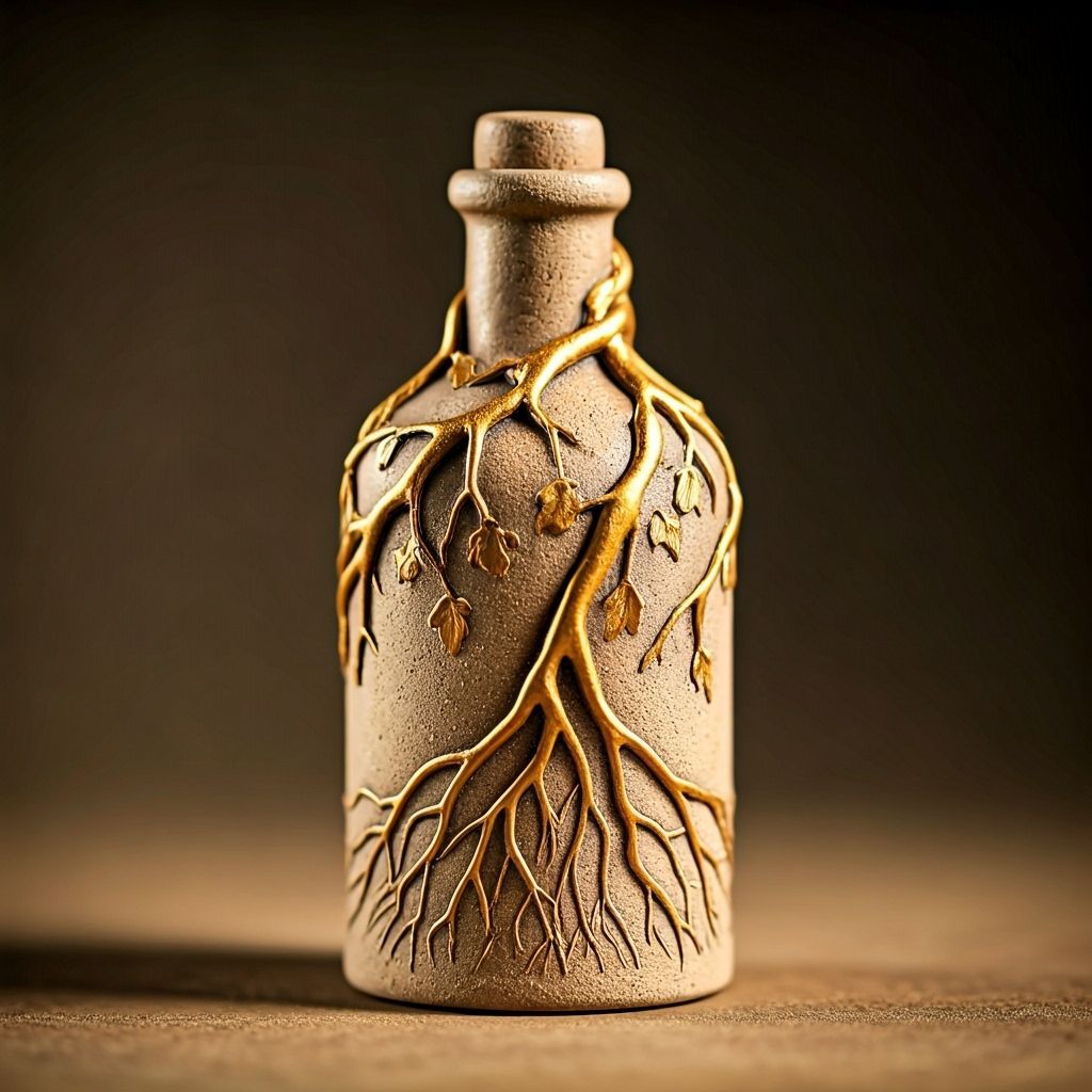 "A sandy ceramic bottle bound with golden roots carved into clay. Emits faint warmth when held."

