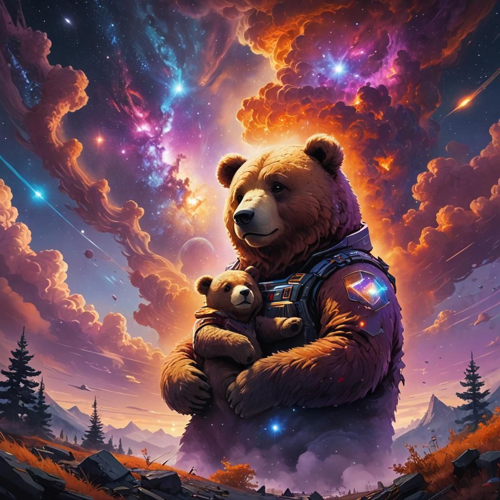 Galactic Teddy Bear Hugged by Gods: Fantasy Art