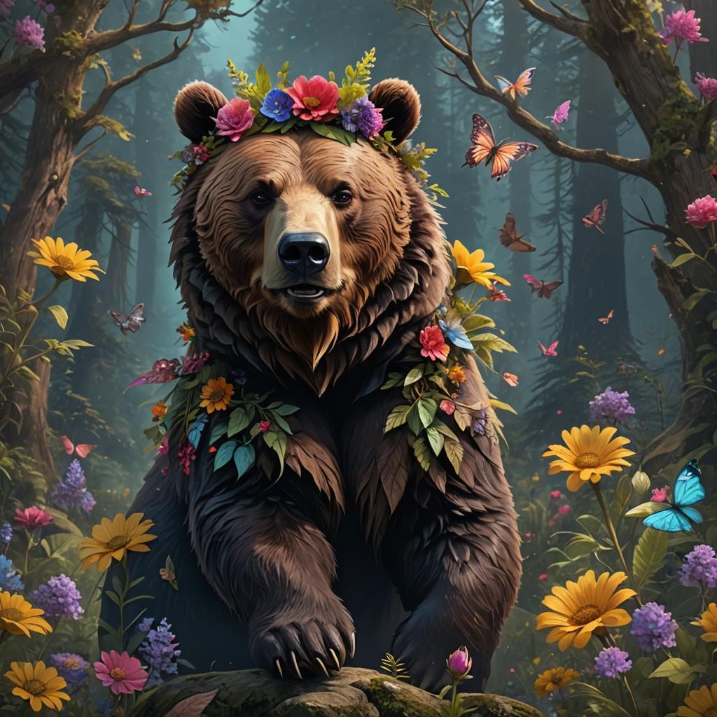 A grizzly bear with a flower crown with fairy wings