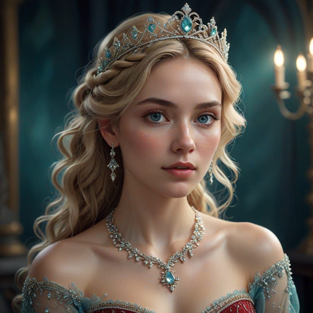 full body image of a captivating young woman wearing a red dress and with vibrant blonde hair cascading ...  by @J_