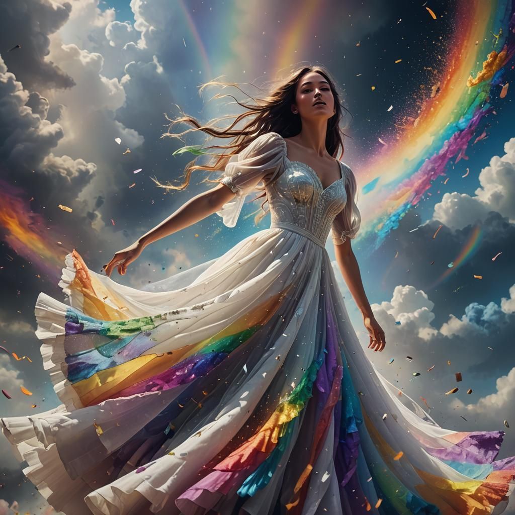 Girl floating on rainbow that is disintegrating