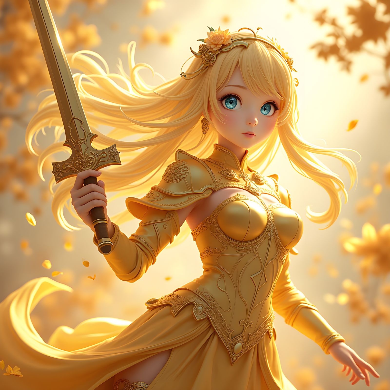 Golden Girl Warrior with Sword in Anime Style