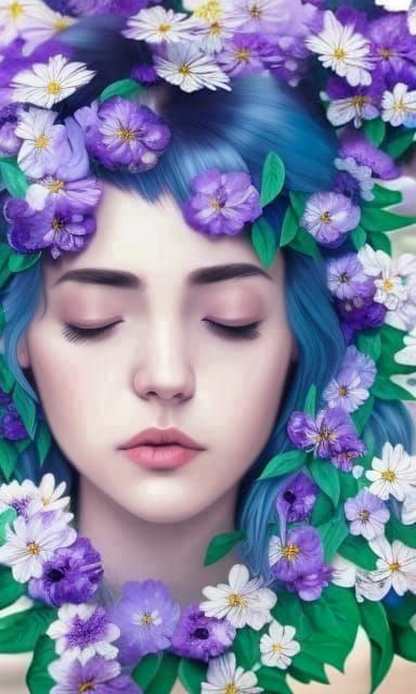 blue haired lady in flower portrait