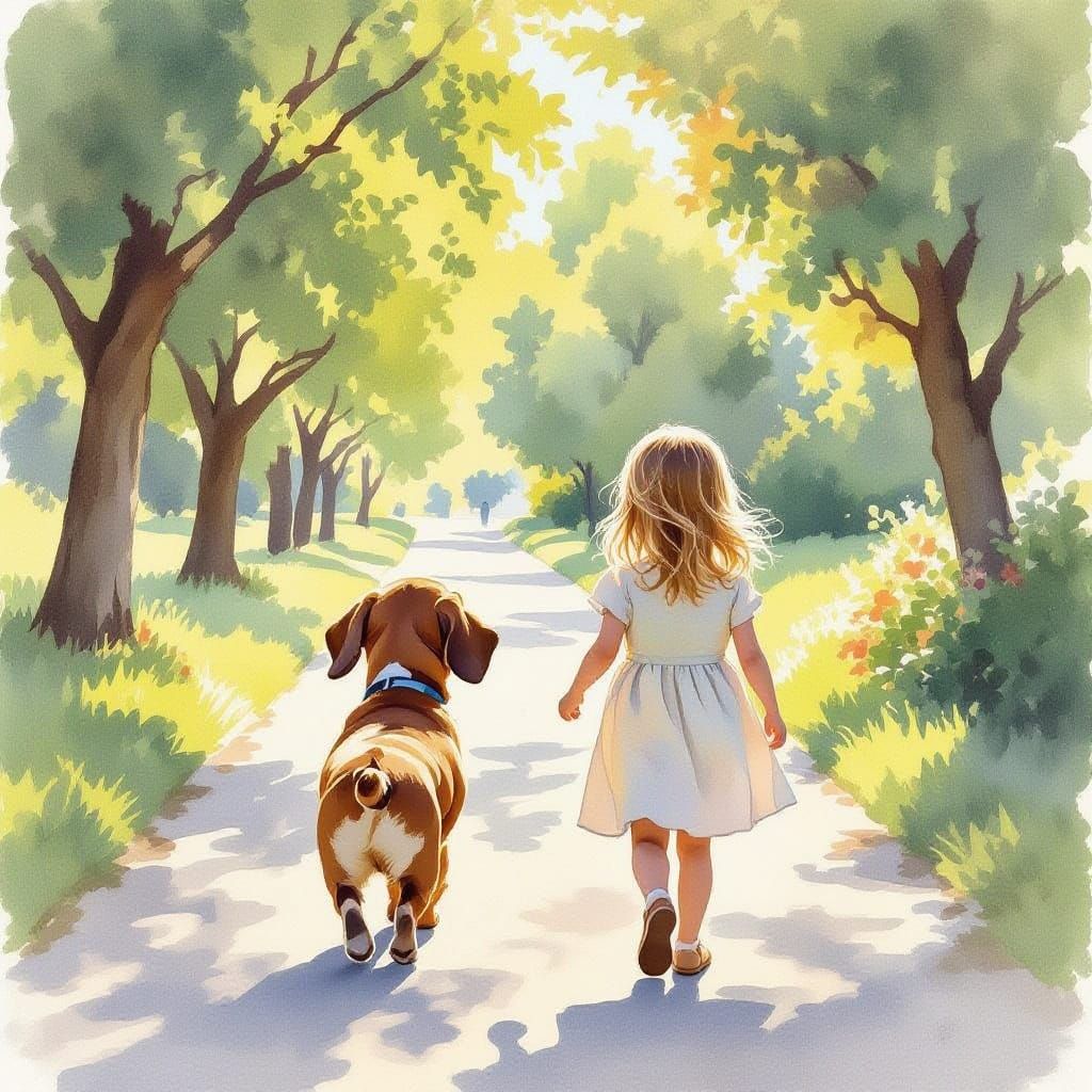 A soft watercolor painting of a light-brown standard dachshund walking side by side with a young girl.