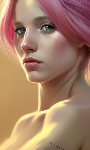 Pink hair bunnie girl tropical head and shoulders portrait, ...