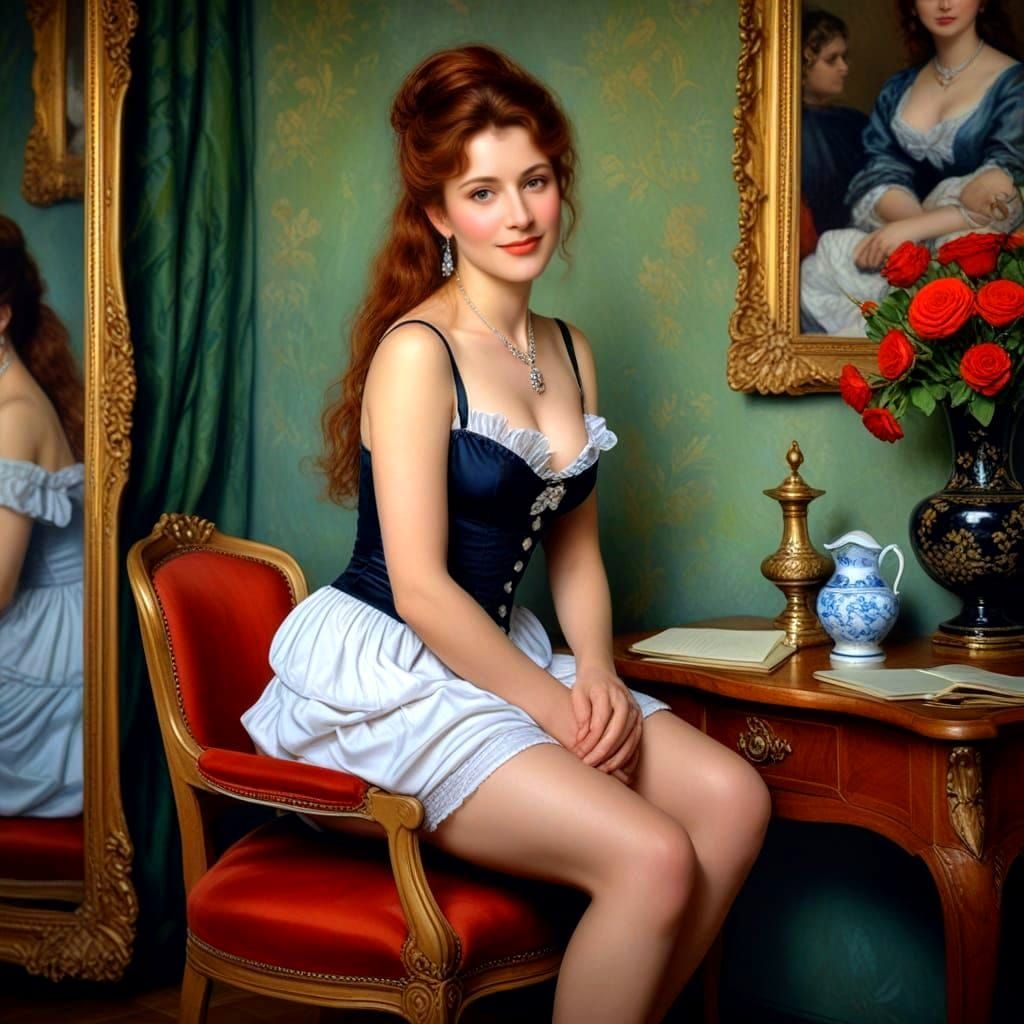 Ravishing 1890s Parisian Lady in Opulent Boudoir