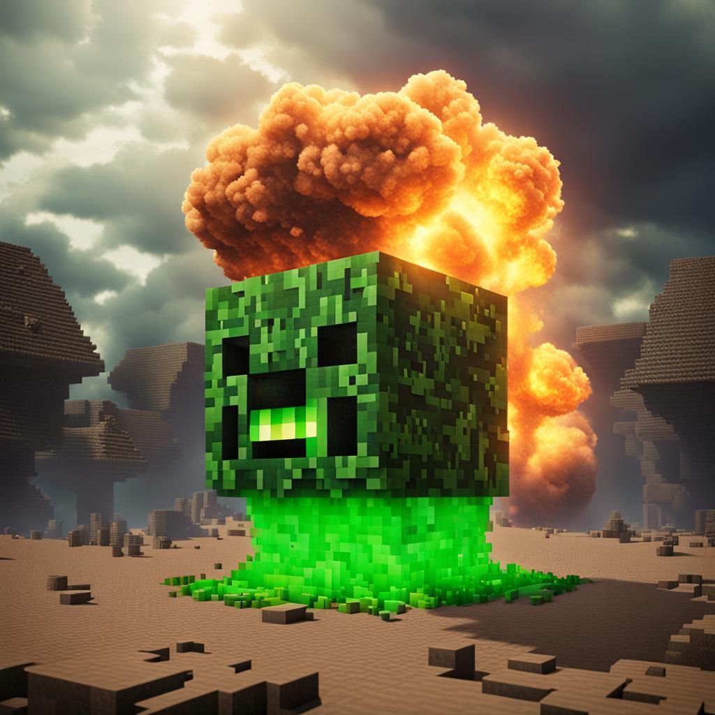 a hyper-realistic minecraft creeper blowing up like a nuke