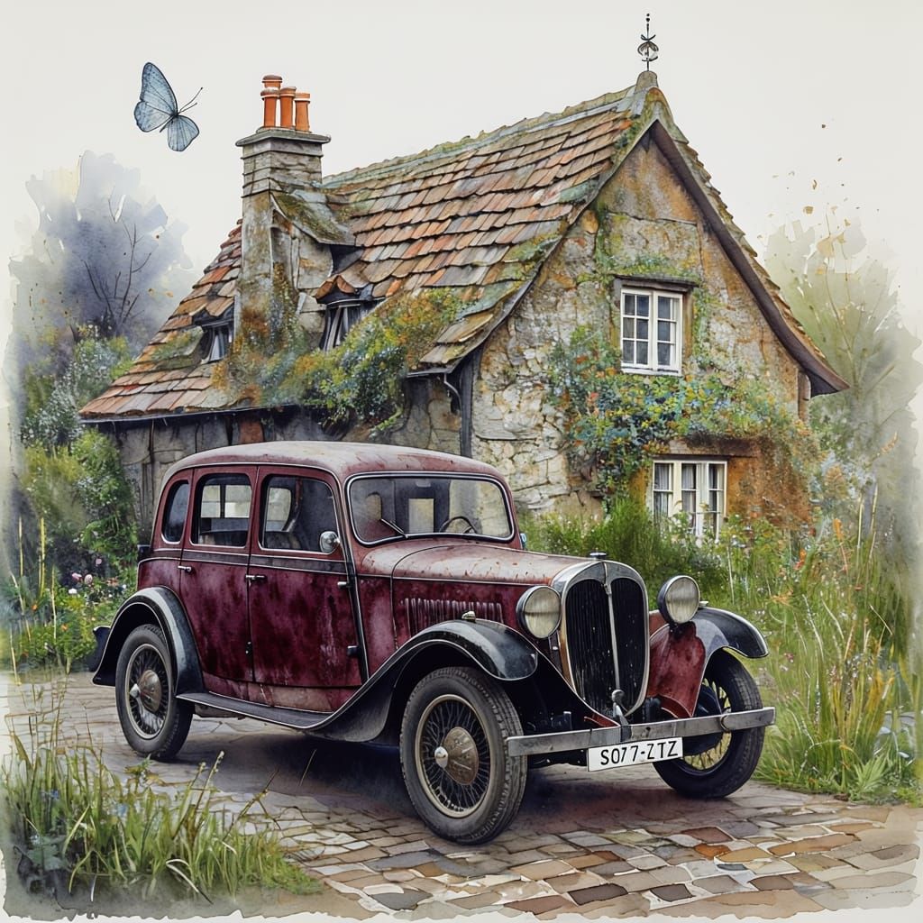 Watercolor painting of a burgundy vintage car