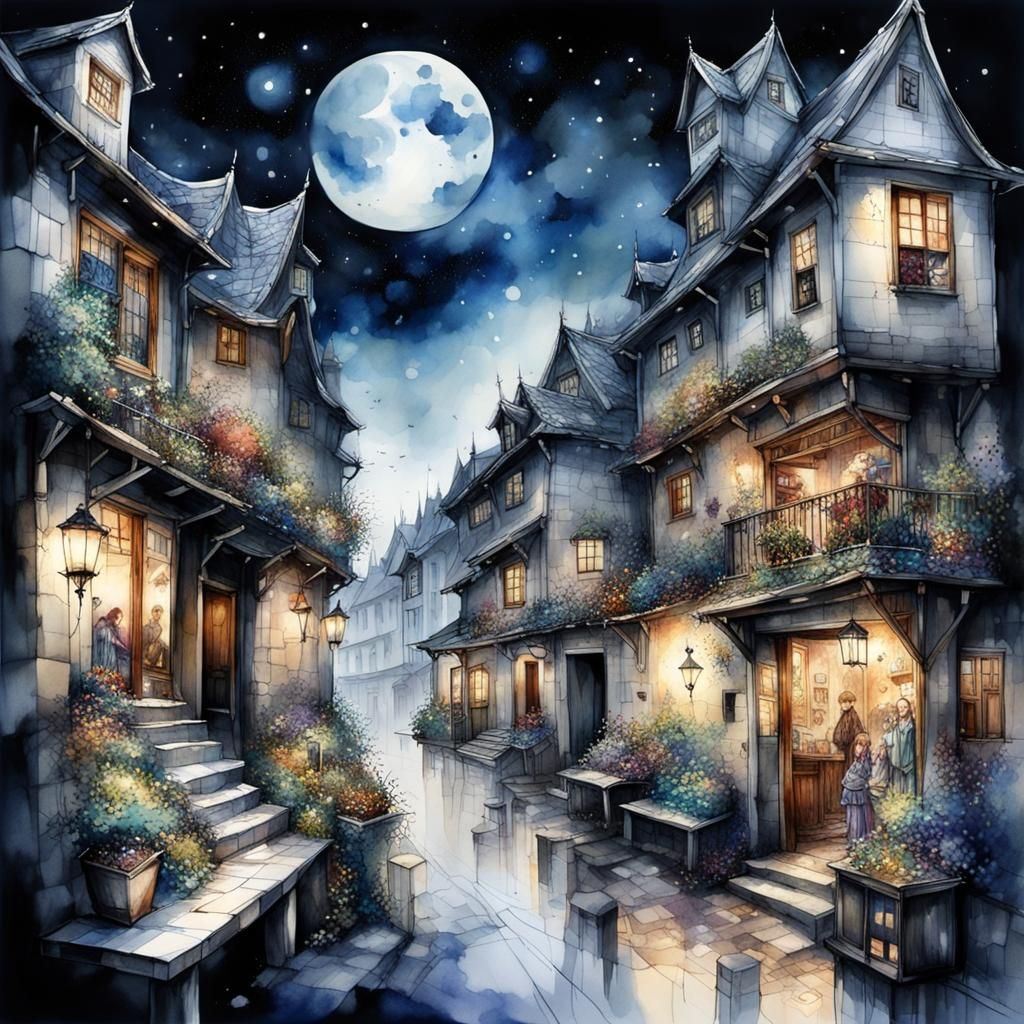 Detailed Watercolor of Medieval Town at Night