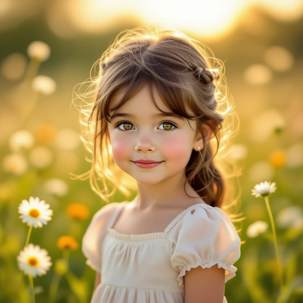 Beautiful Girl in Sun-Dappled Wildflower Meadow