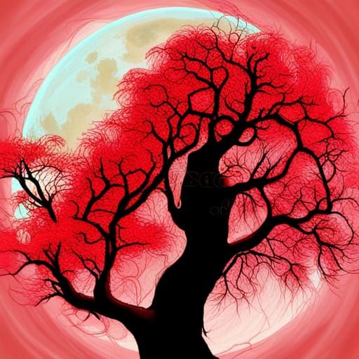 Bewitching red tree, glowy full moon, in the art style of O'...