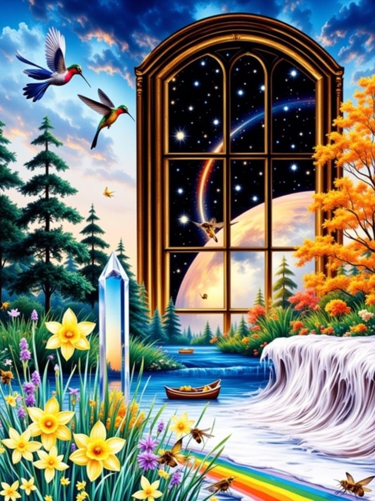 A Window looking on to a Moon ,to Space, Foreground A Crystal ,River ,,Autumn, Winter ,Spring, Summer...With Humming Birds, Bees, Daffodils,...