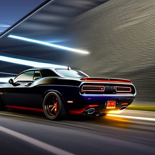 black carbon fiber dodge challenger in the streets at night,...