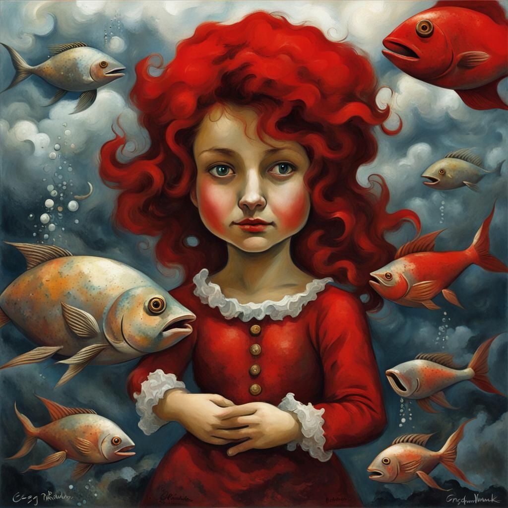 Little red mermaid smiling at fish