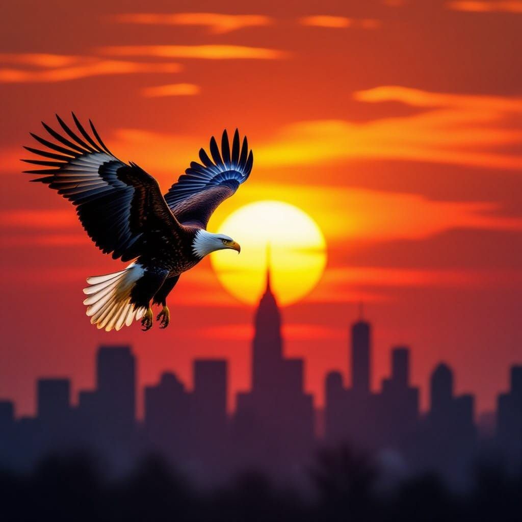Eagle Soaring Towards a Vibrant Sunset