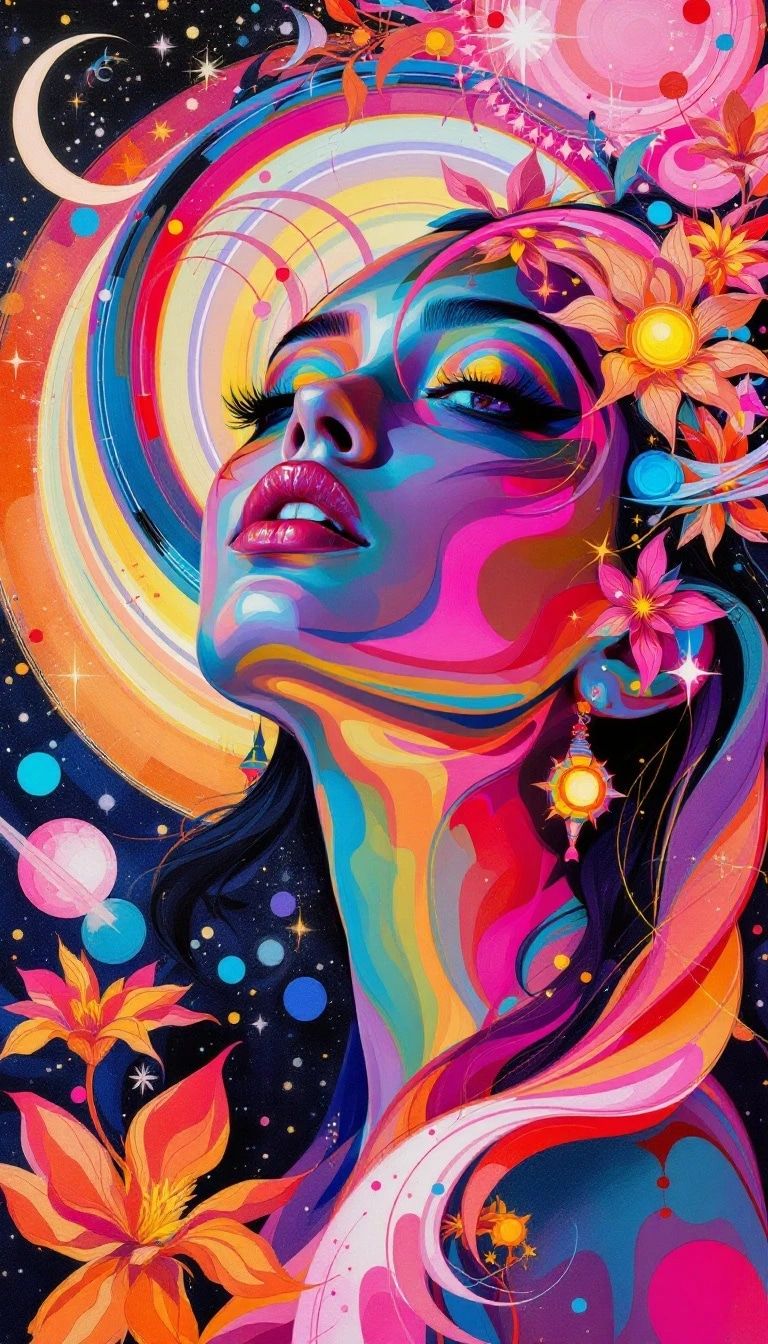 Solarpunk, gouache, portrait of a beautiful woman