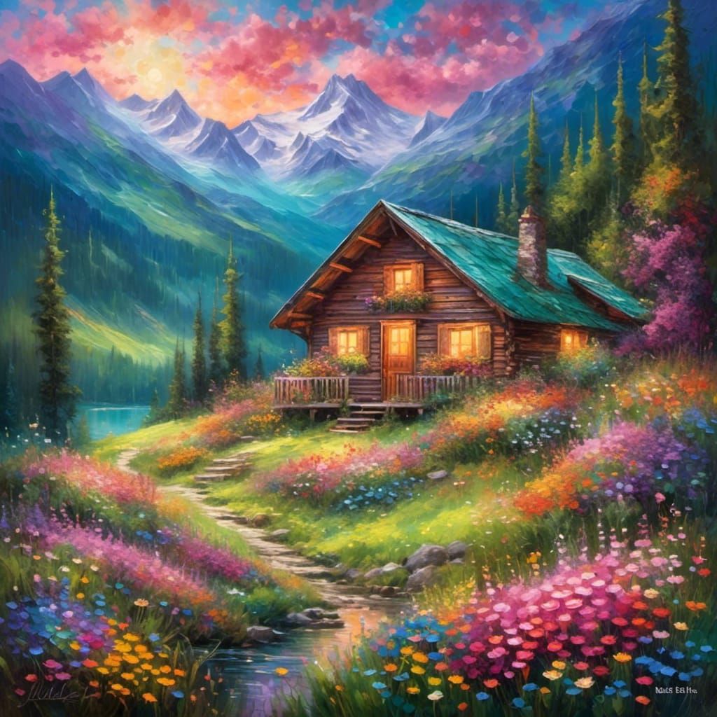 Fluorescent Northern Lights Over Mountain Meadow