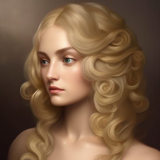 Beautiful woman with blond long opened curls, wearing mediev...