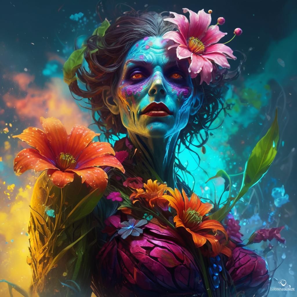 a weird flower mutant cultleader from far future dying earth painted by archimboldo ethereal fantasy hyperdetailed mist Thomas Kinkade sinis...