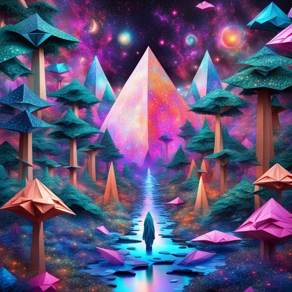 Origami forest 8k resolution holographic astral cosmic illus...