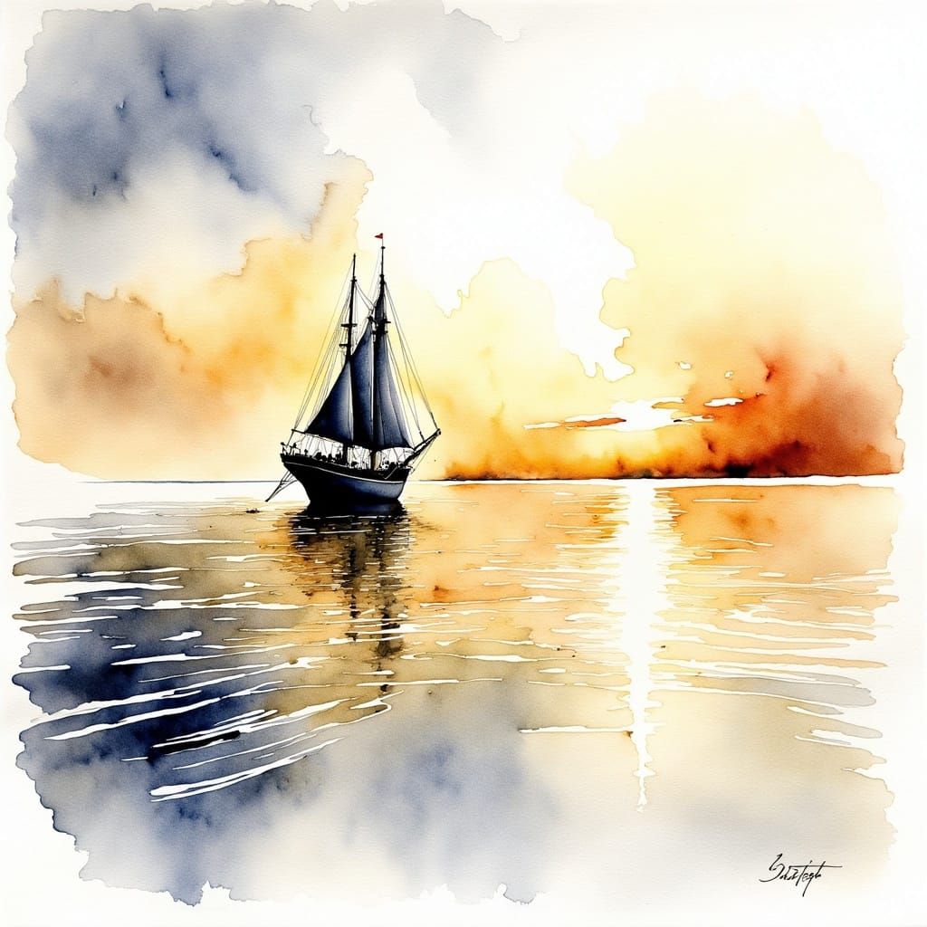 <lora:Avian Ink Flux:1.0> A watercolor ink wash painting of a ship silhouette on the horizon 