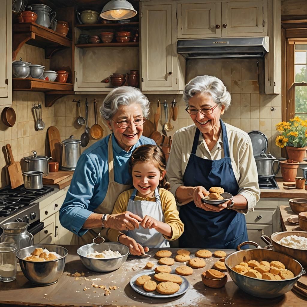 Grandma and granddaughter baking cookies in a cozy vintage style kitchen. Both look very cheerful and ...  by @Pastaqueen