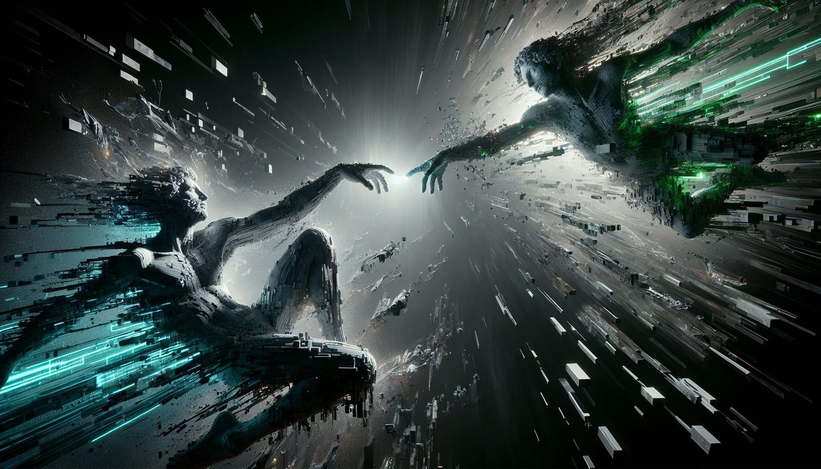A distorted reinterpretation of The Creation of Adam—two faceless humanoid figures frozen mid-reach, ...  by @morr5750