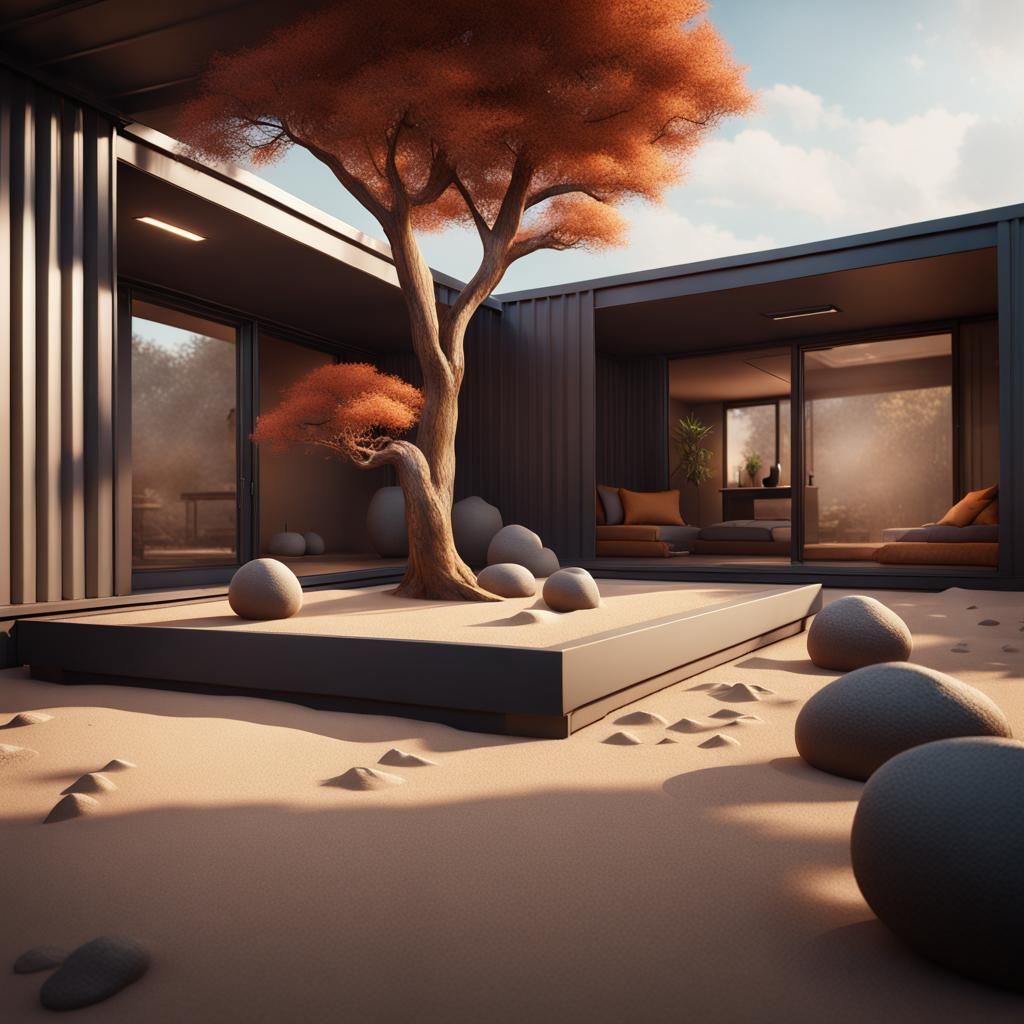 minimalist modern design container home courtyard with zen s...