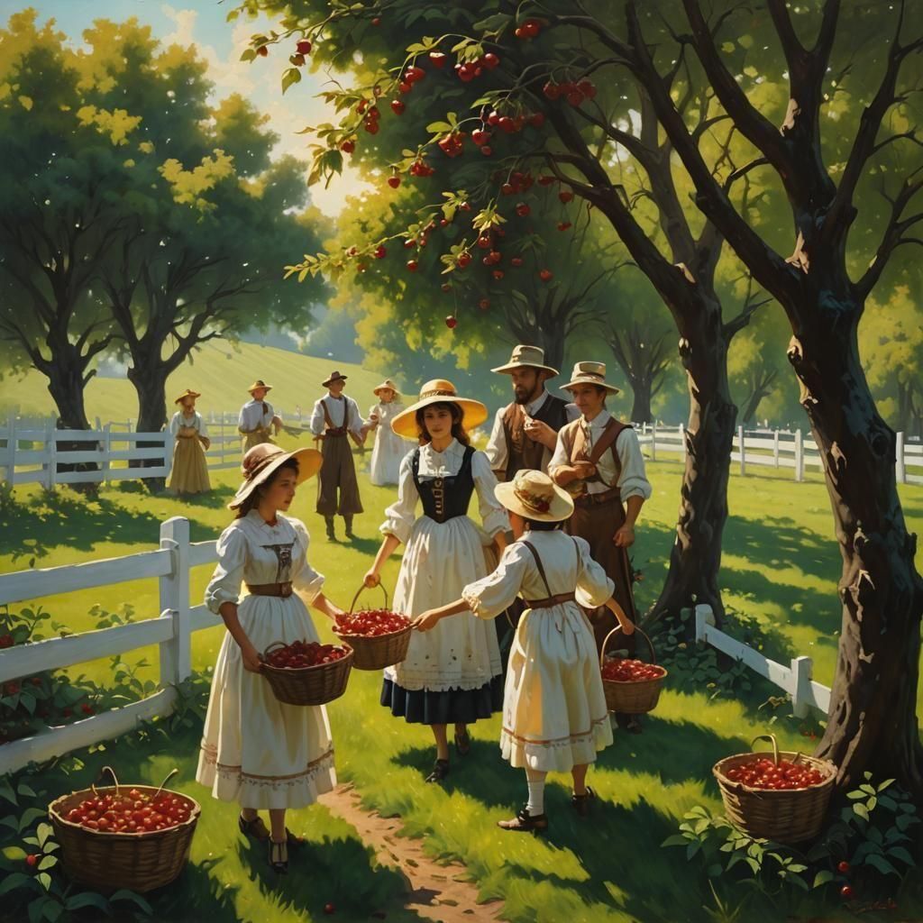 "1980s Classic dark fantasy-themed oil painting for a novel. White fencing surrounds a cherry orchard out in the countryside with rows of gr...