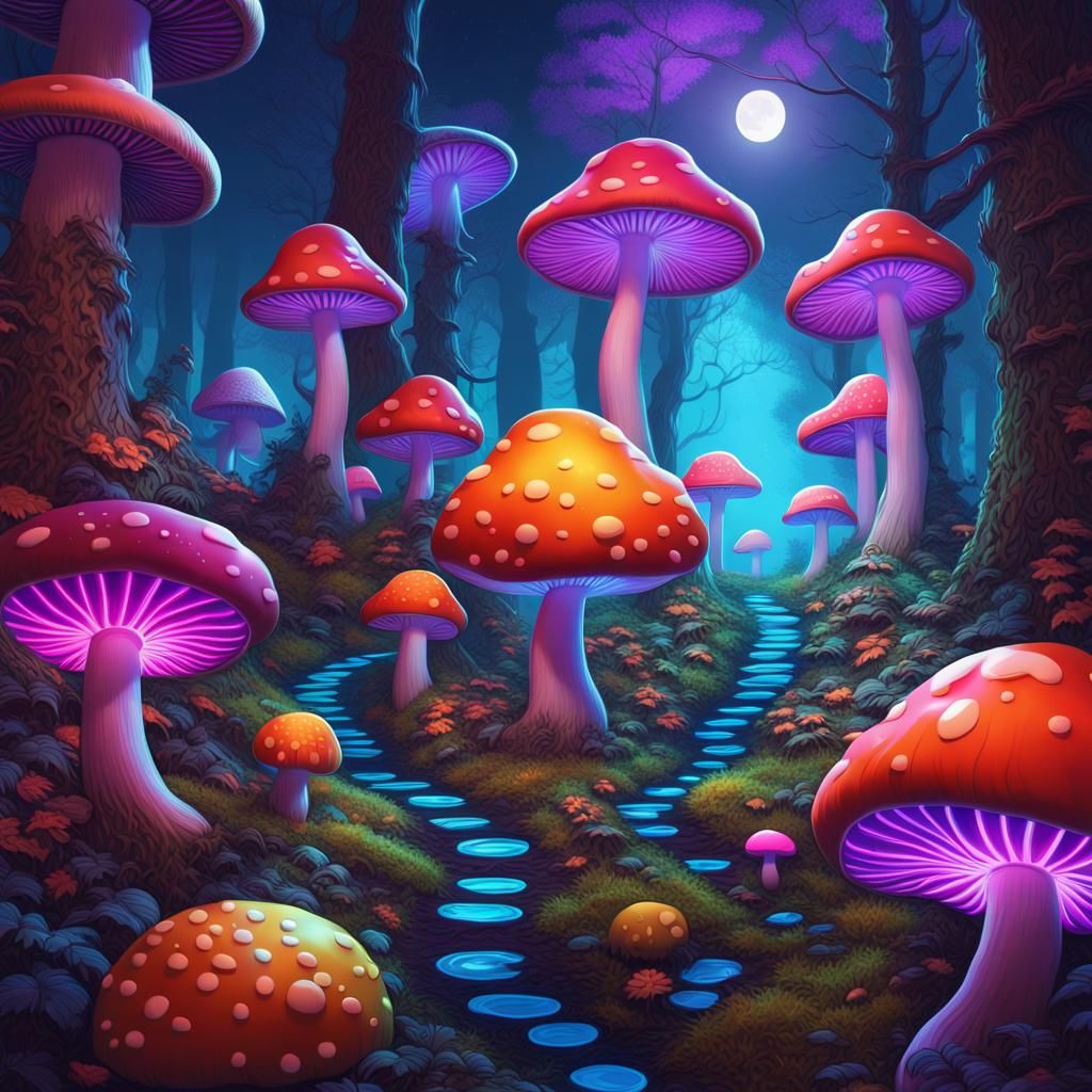 moonlit, giant mushrooms forest, black light, UV_colors_reactive - AI ...