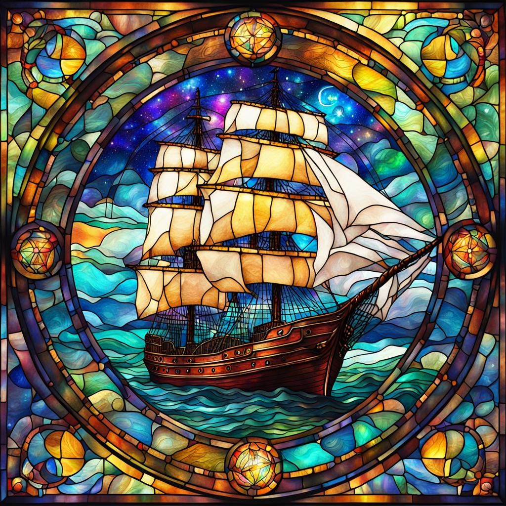 Stained glass window of a sailing ship