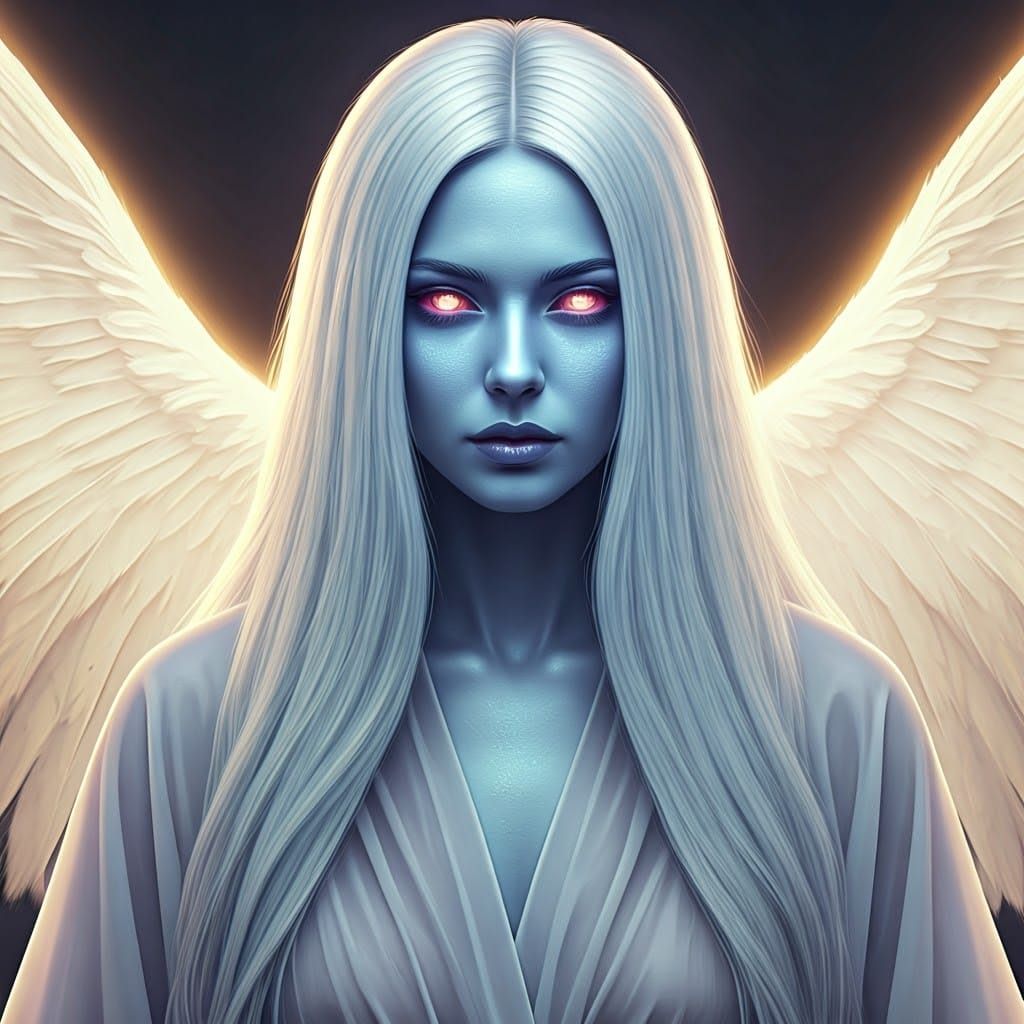 A photorealistic, unbelievably lifelike scene of a stunning angel woman with delicate, pale blue skin and white hair cascading down her back...