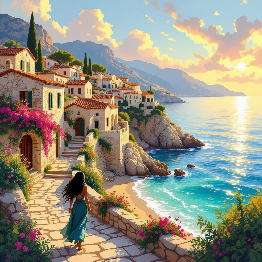“A wide Mediterranean coastal scene at golden hour, inspired by the gentle, atmospheric style of eleven. Sun-washed stone buildings rise alo...