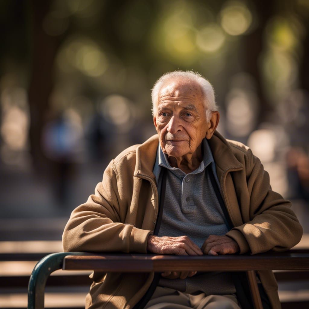 anciano sentado en un banco del parque dando de comer a las ...