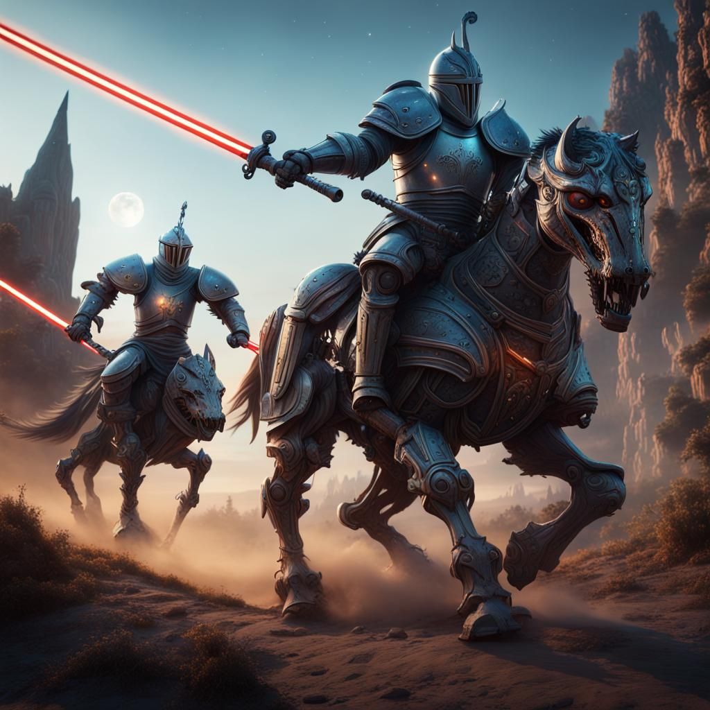 night time scene with medieval knight riding robot horse carrying lightsabers attacking a large alien ...  by @undefined