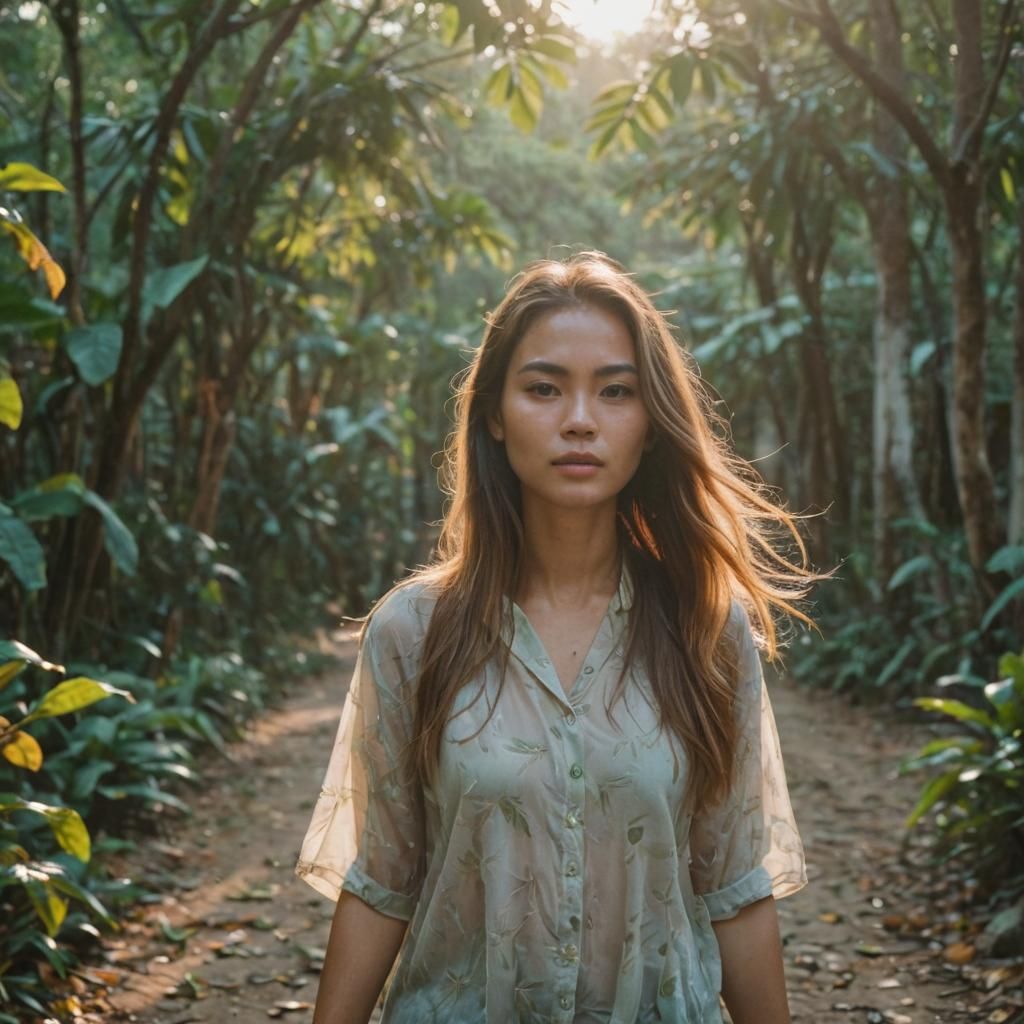 Young woman with long flowing hair walking in Thailand Admir...