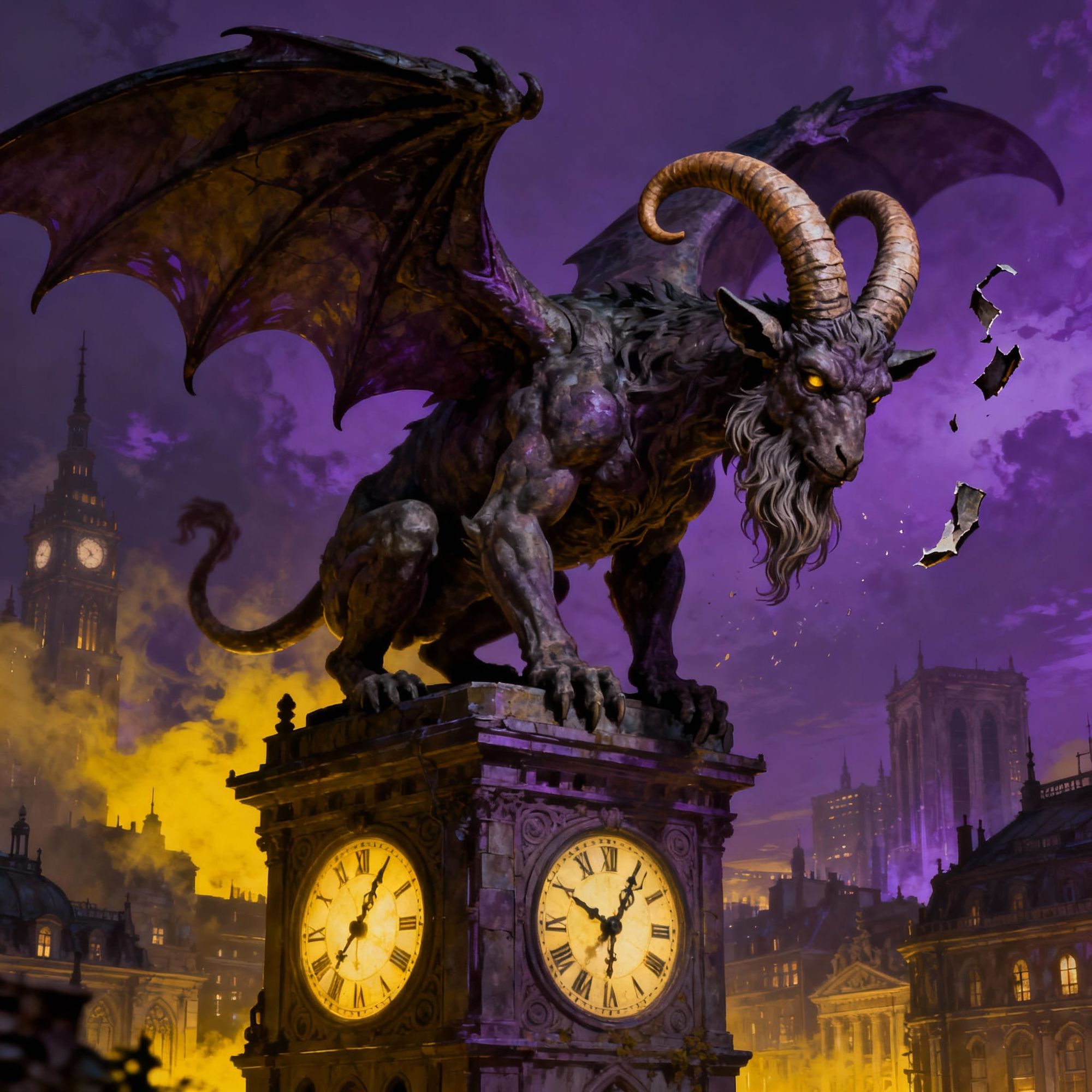 A watchful gargoyle statue slowly awakens and starts to move from it's perch high above the city on top of a clocktower its monstrous build ...