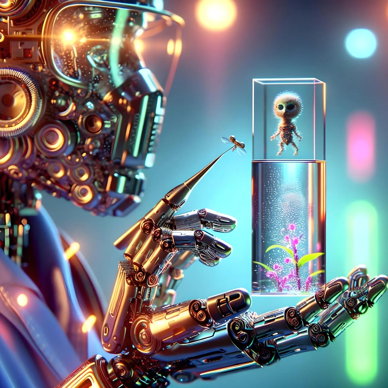 Female medical cyborg nurse holding small glass cube alien