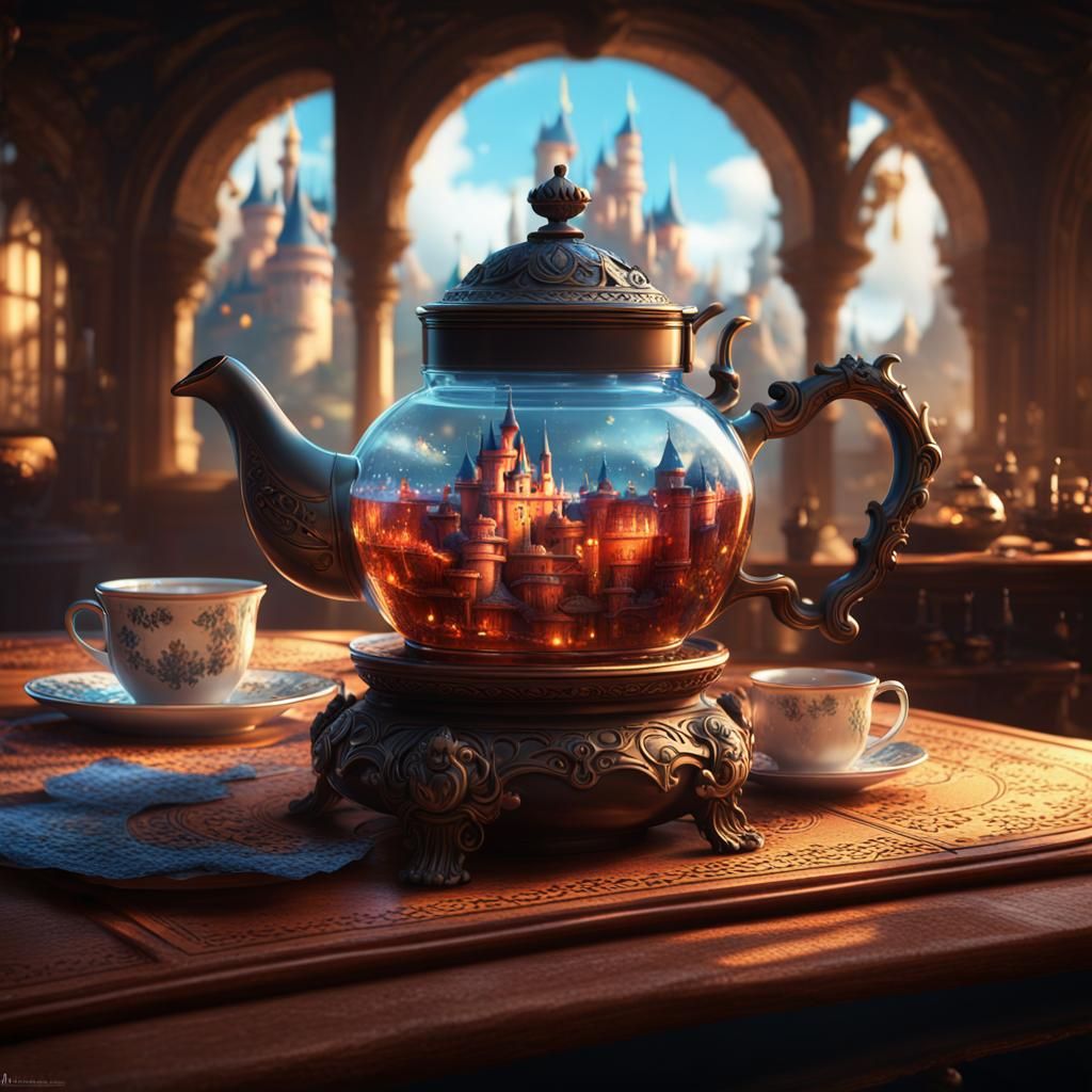 a tea pot sitting on top of a table, by Guillermo del Toro, ...