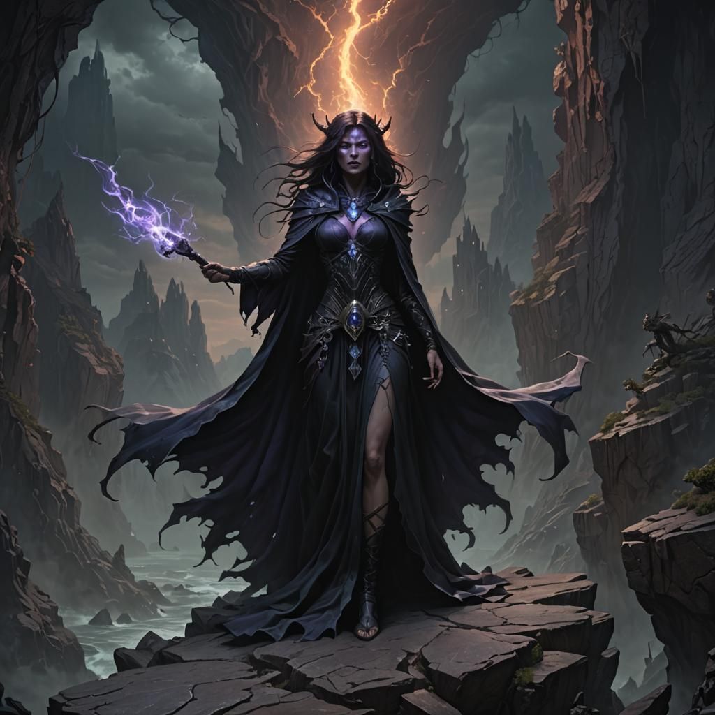 A dark sorceress standing atop a jagged cliff, her flowing r...