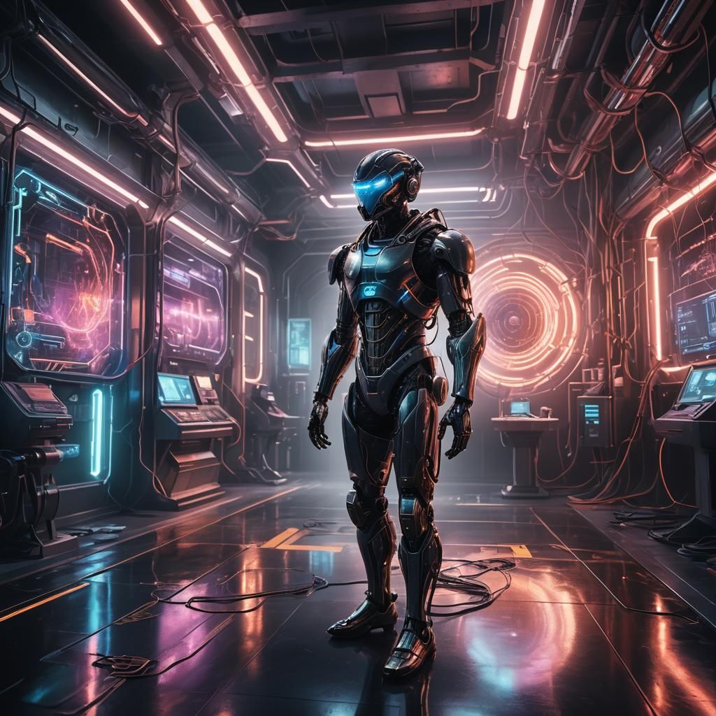 Human Creator Reflected in Futuristic AI Laboratory