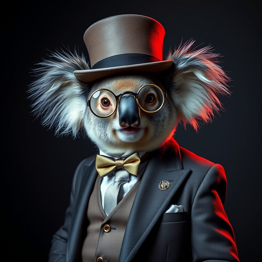 Elegant Koala Gentleman Poses in Whimsical Studio