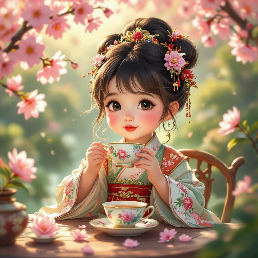 A very pretty chubby little girl with beautiful big eyes and small cherry lips wearing ancient Chinese costumes in a very tranquil garden se...