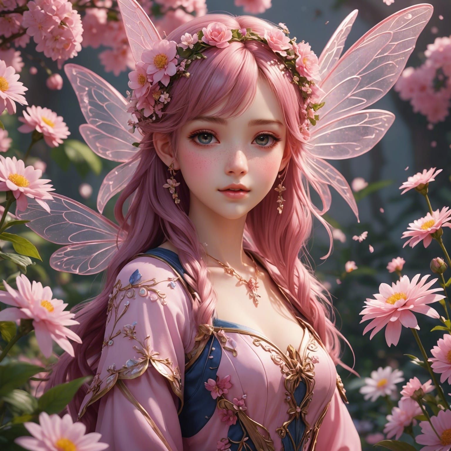 A pink


 fairy with lots of flowers. By artist "anime", 3d ...