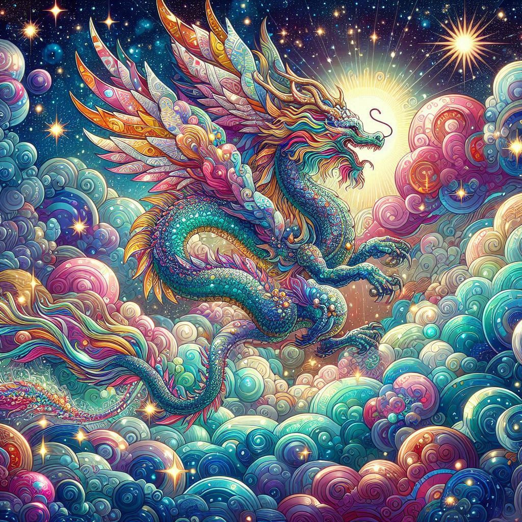 A majestic celestial opalescent gemstone dragon