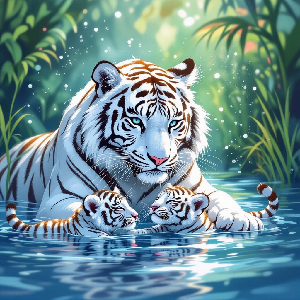 White Tiger and Cubs Playing in Water