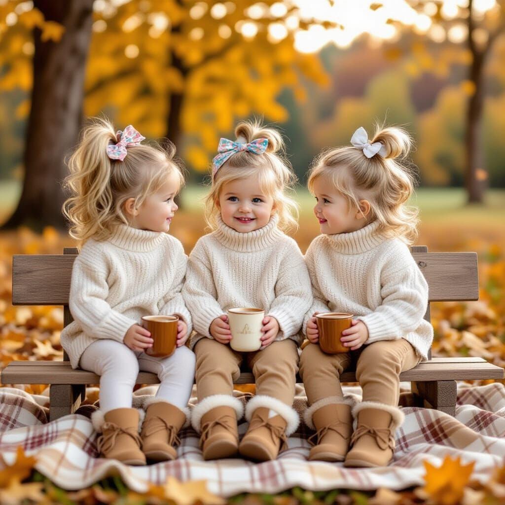 Triplet Girls Enjoying Autumn Picnic in Golden Light
