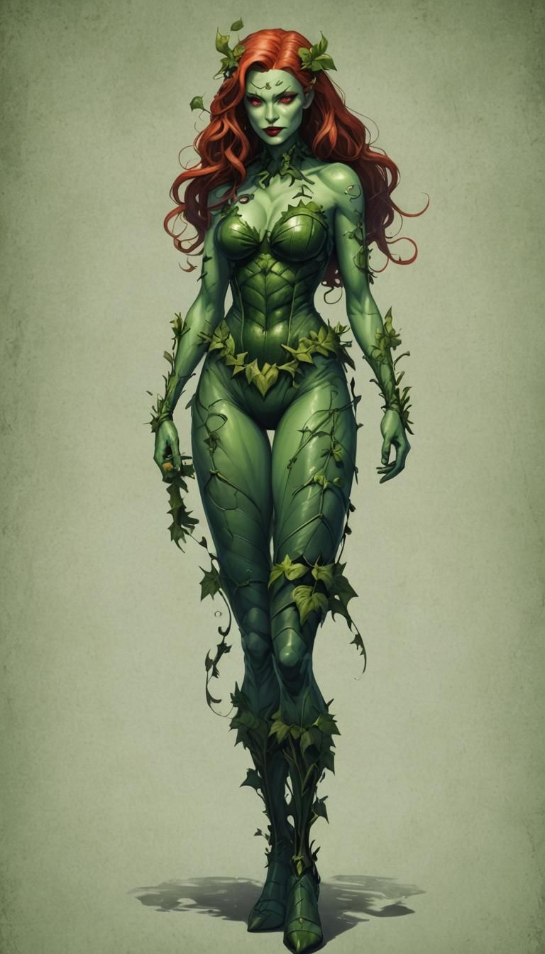 Full body portrait of the character Poison Ivy with green sk...
